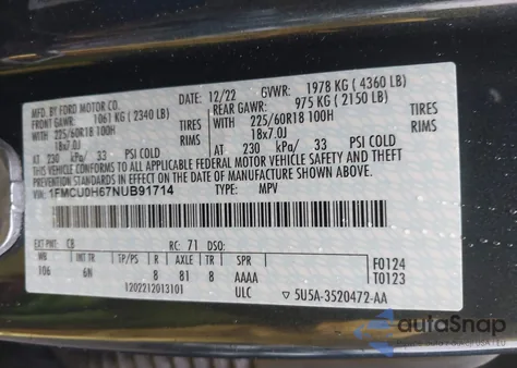 2022 Ford Escape Sel z USA, uszkodzony, nr VIN 1FMCU0H67NUB91714